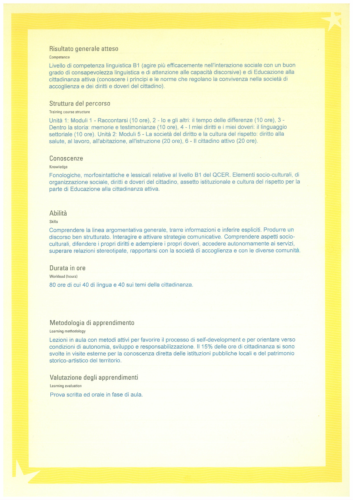 Italian B1 Certificate - Back