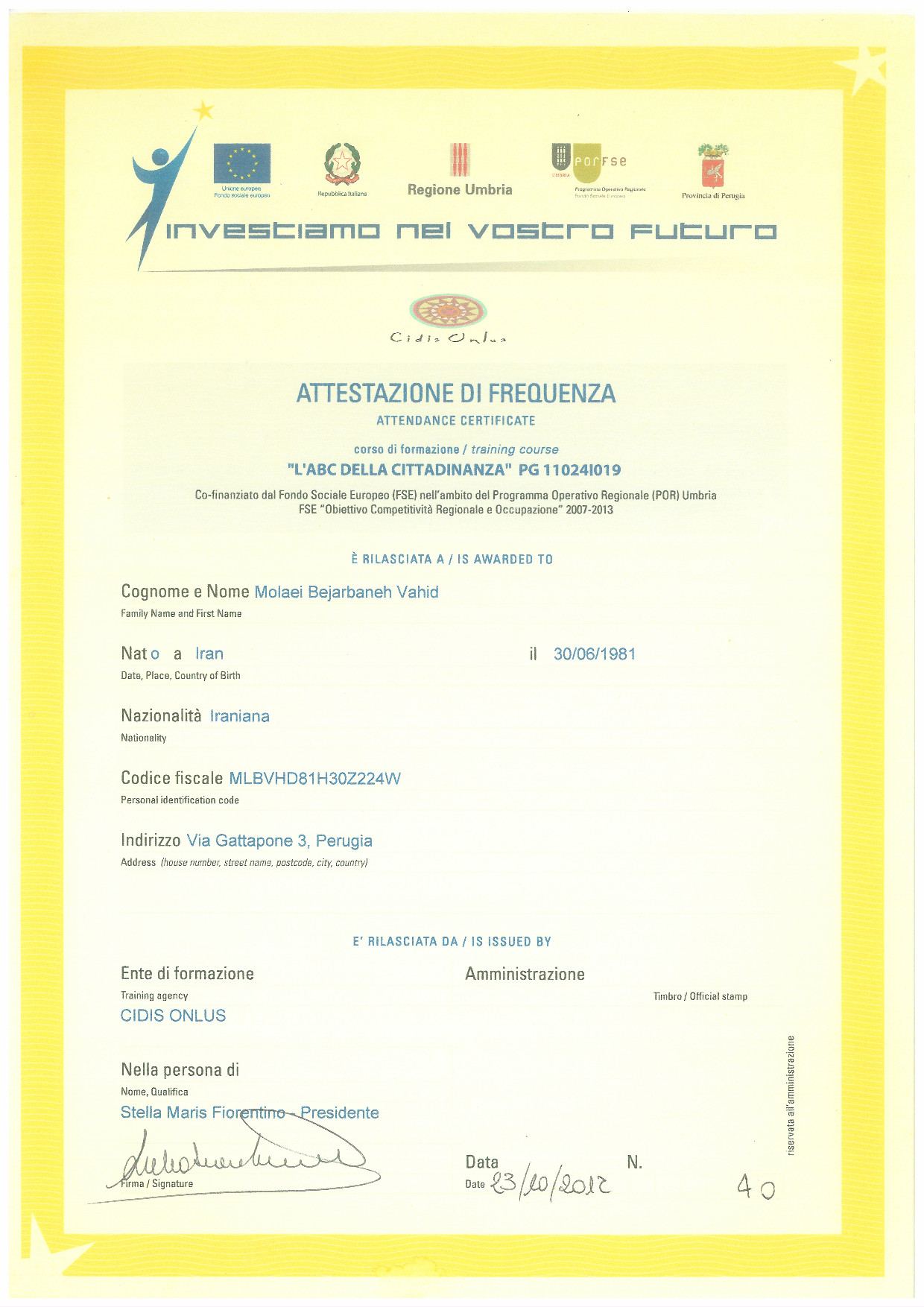 Italian B1 Certificate - Front
