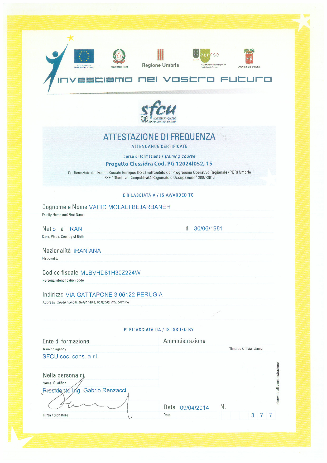 Multimedia Shooting Certificate - Front