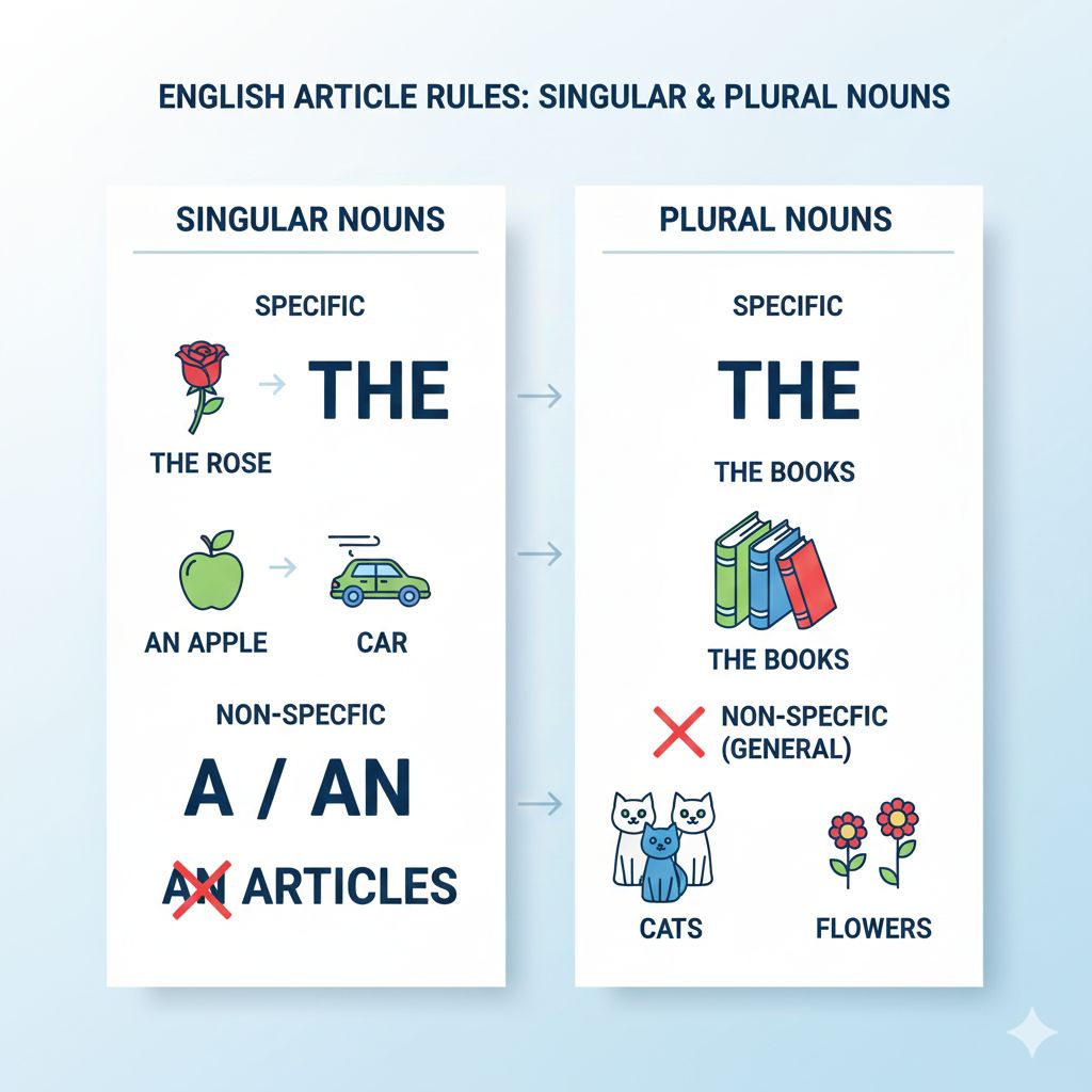 Grammar diagram showing singular and plural noun article rules