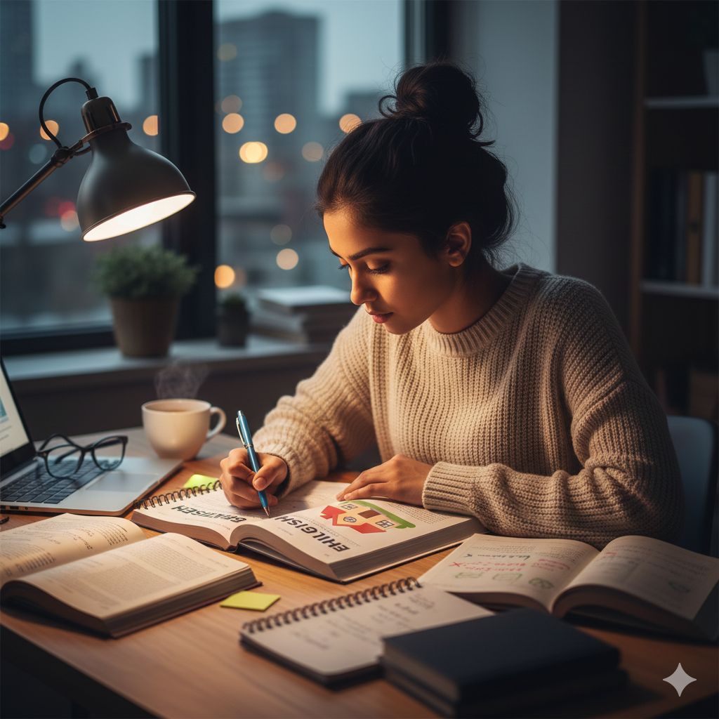 Student studying English grammar rules with textbook and notes