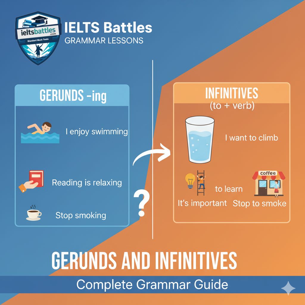 English Gerunds and Infinitives Grammar Lesson Illustration